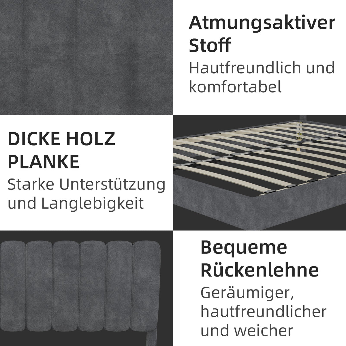 Modern Minimalist Upholstered Bed, Soft Headboard, 160x200 cm, Grey