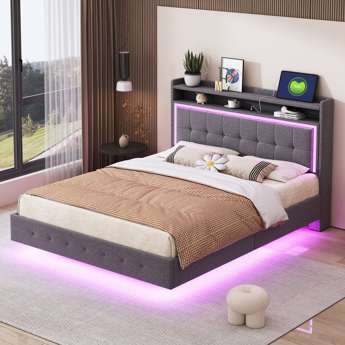 Upholstered Bed 140x200, USB & LED Light, Linen Fabric Gray