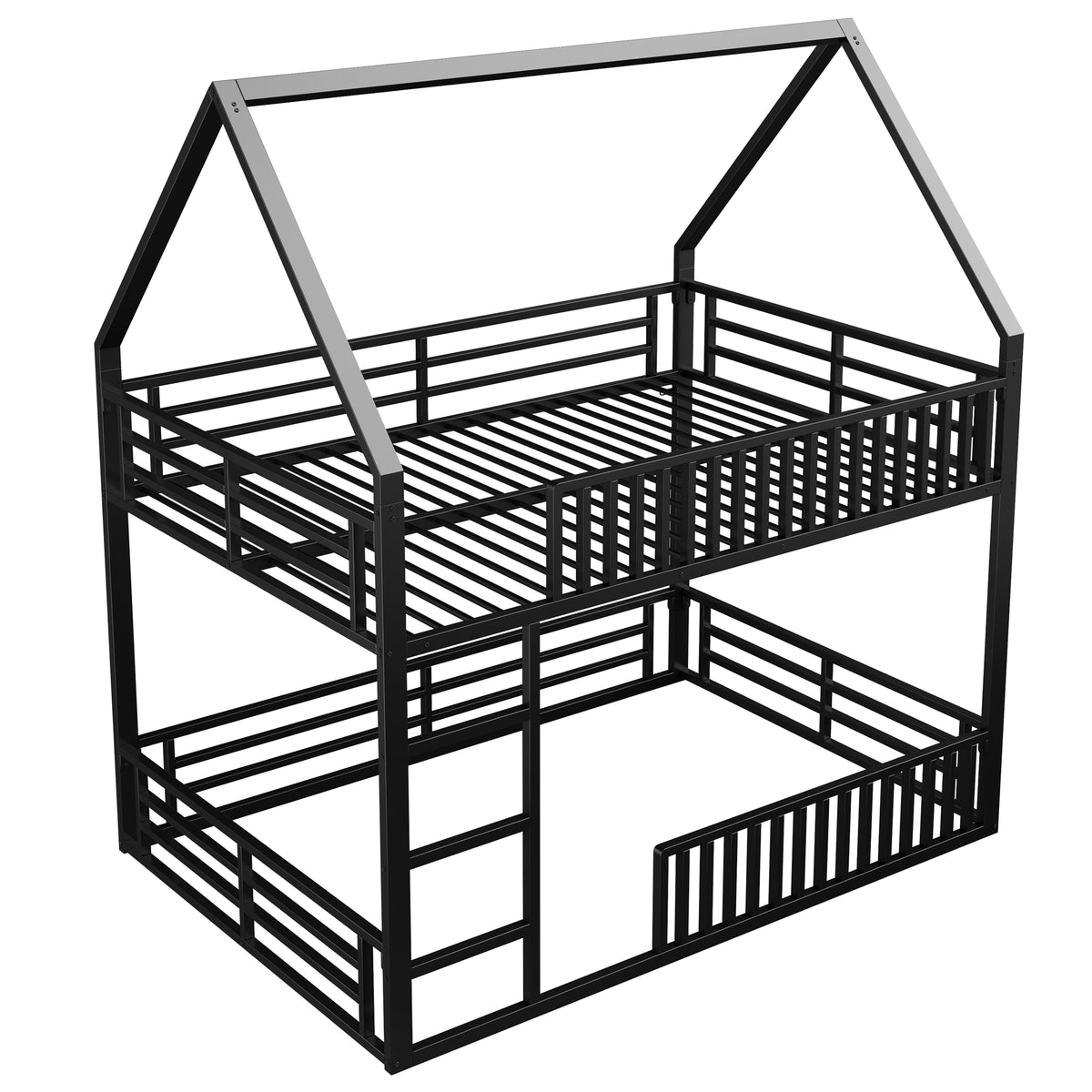 House-Shaped Bunk Bed 140x200 with Fence & LED Light, Black