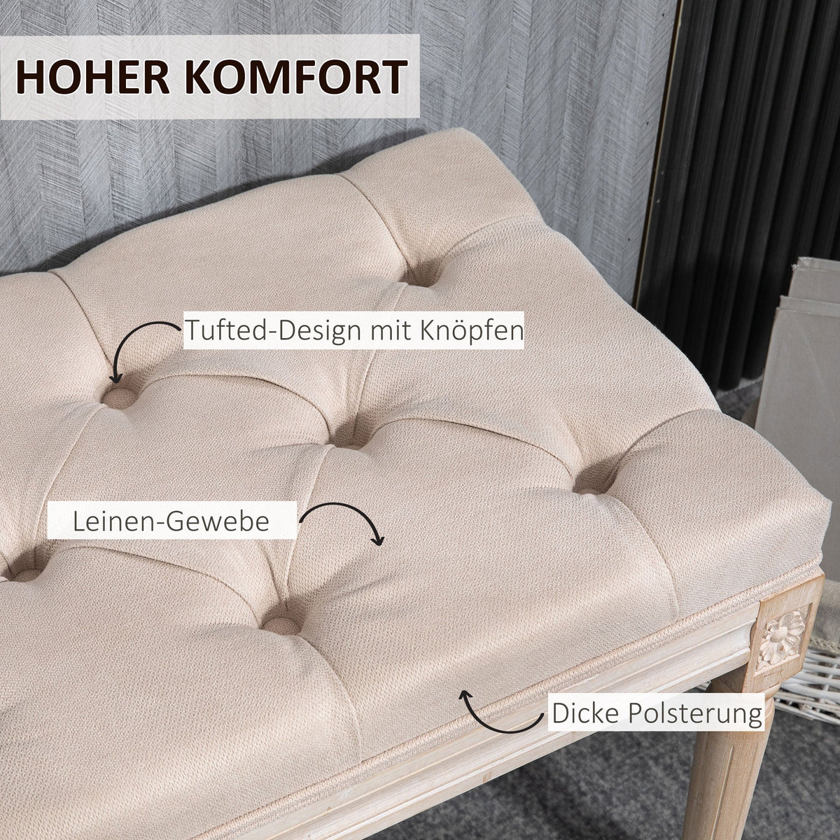 Vintage Upholstered Bench, Hallway with Buttons 120kg Capacity, Linen Look