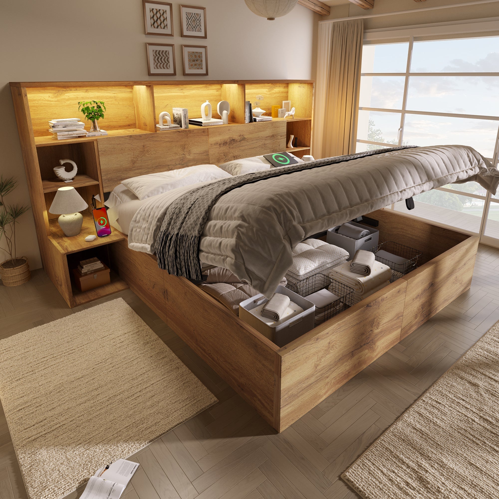 System Bed 180x200cm with Hydraulic Storage, Integrated Bedside Tables, Headboard Shelf, LED and USB-C, Oak Wood Look