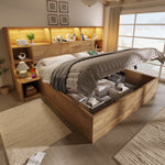 System Bed 180x200cm with Hydraulic Storage, Integrated Bedside Tables, Headboard Shelf, LED and USB-C, Oak Wood Look
