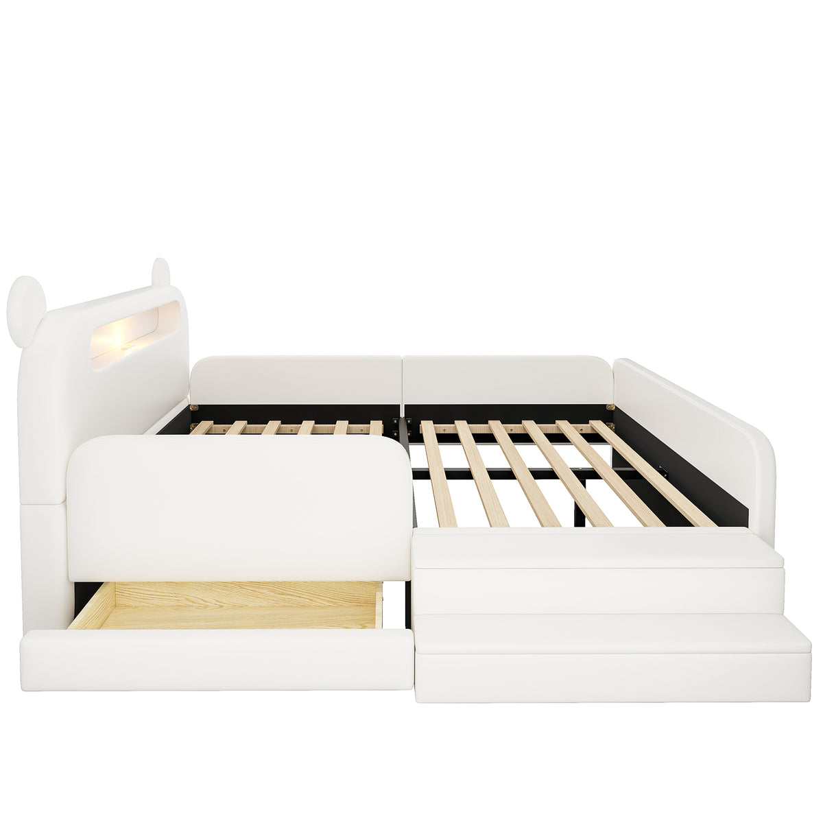 Children's Upholstered Bed 140x200 Bear Headboard White Faux Leather