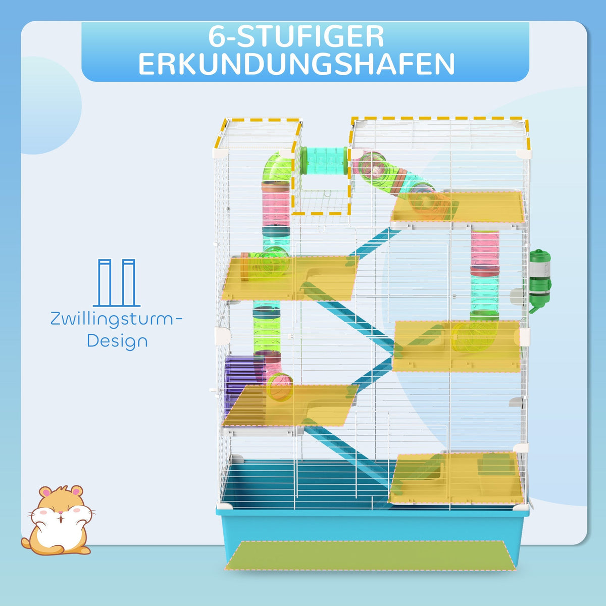 Hamster Cage, 6-Story with Tubes Tunnels Wheel Ramps, Light Blue