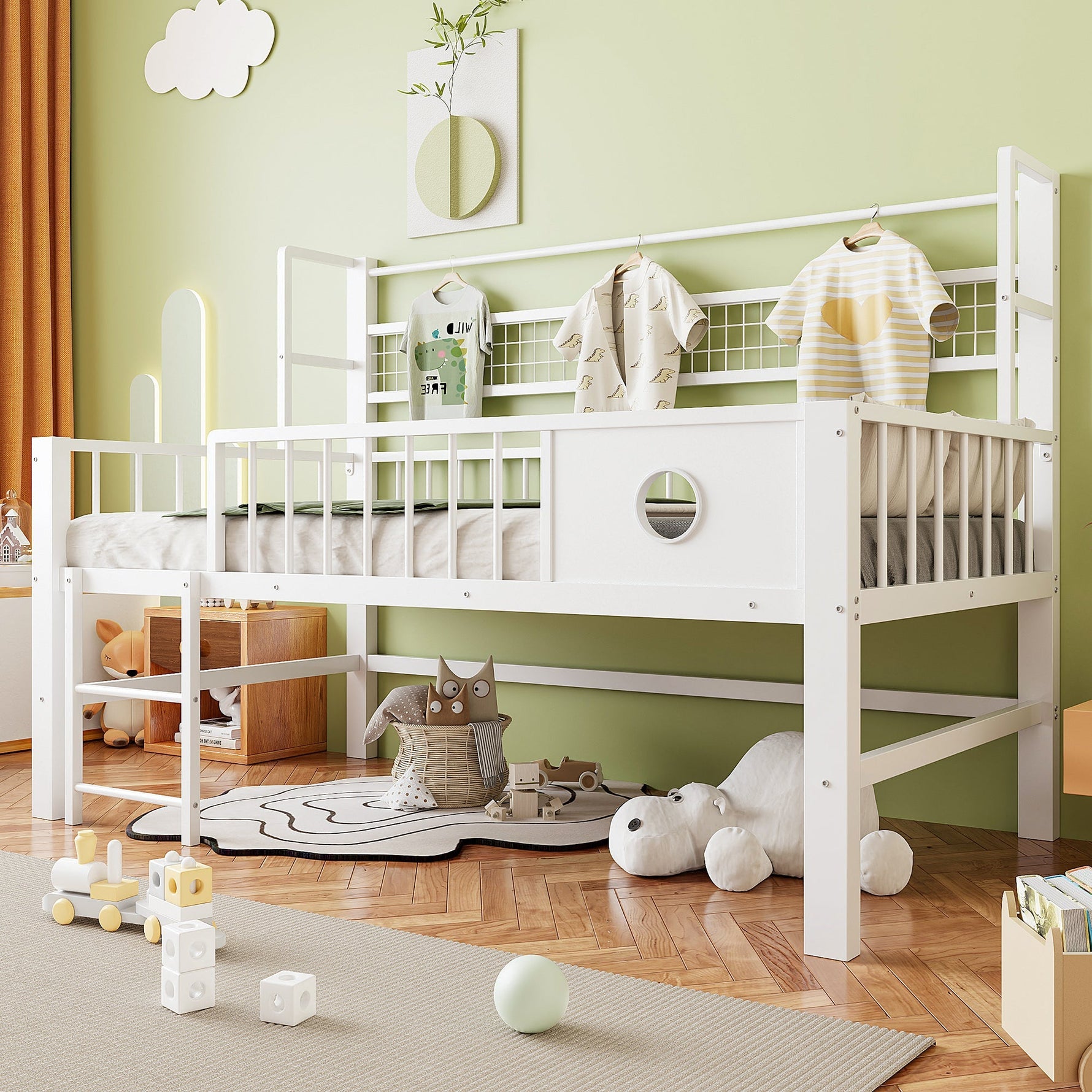 Children's Low Loft Bed with Storage Compartments, 90x200cm, White Metal