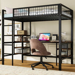 Iron Bunk Bed 90x200cm with Table Shelf Ladder for Children/Teens, Black/Dark Wood Color, Iron/Chipboard