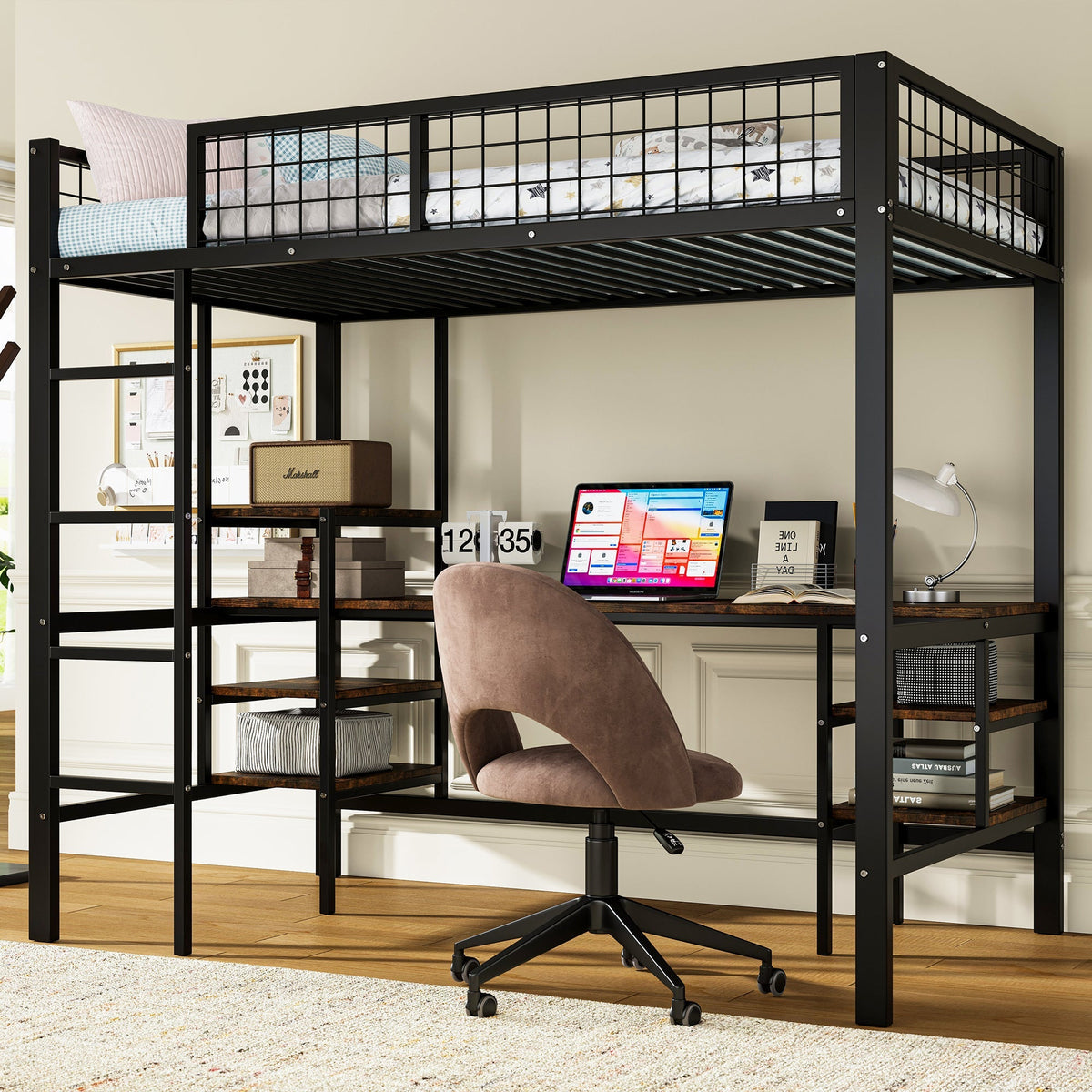 Iron Bunk Bed 90x200cm with Table Shelf Ladder for Children/Teens, Black/Dark Wood Color, Iron/Chipboard
