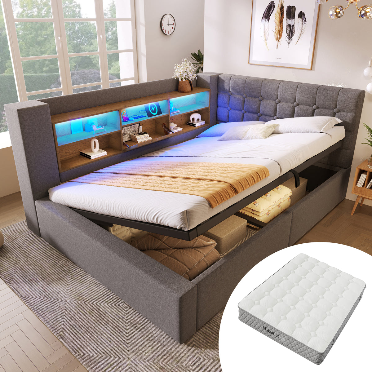 Upholstered Double Bed 180x200cm Hydraulic Storage, Grey Linen