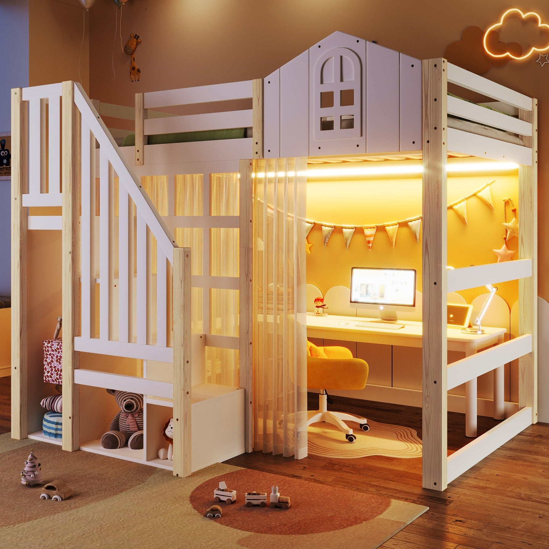 Loft Bed with LED Lights, Window Design and Storage Ladder, White and Natural