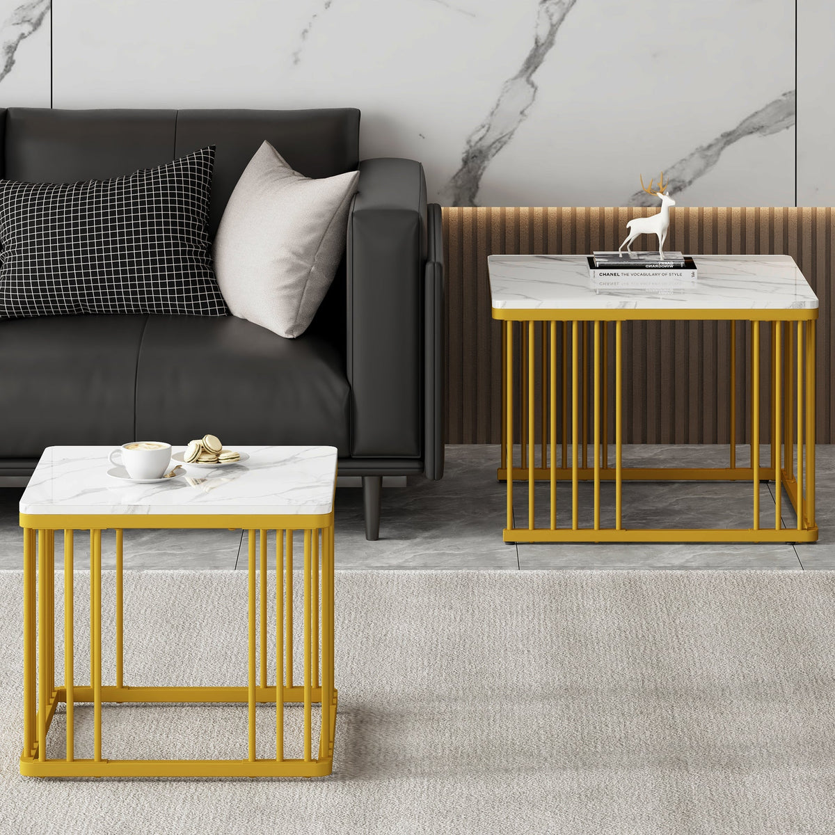 Nesting Coffee Tables Set of 2 Square Marble-Effect High-Gloss - Gold Legs