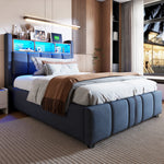 Upholstered Bed 90x200cm LED/USB Headboard Storage Hydraulic Single Linen Grey