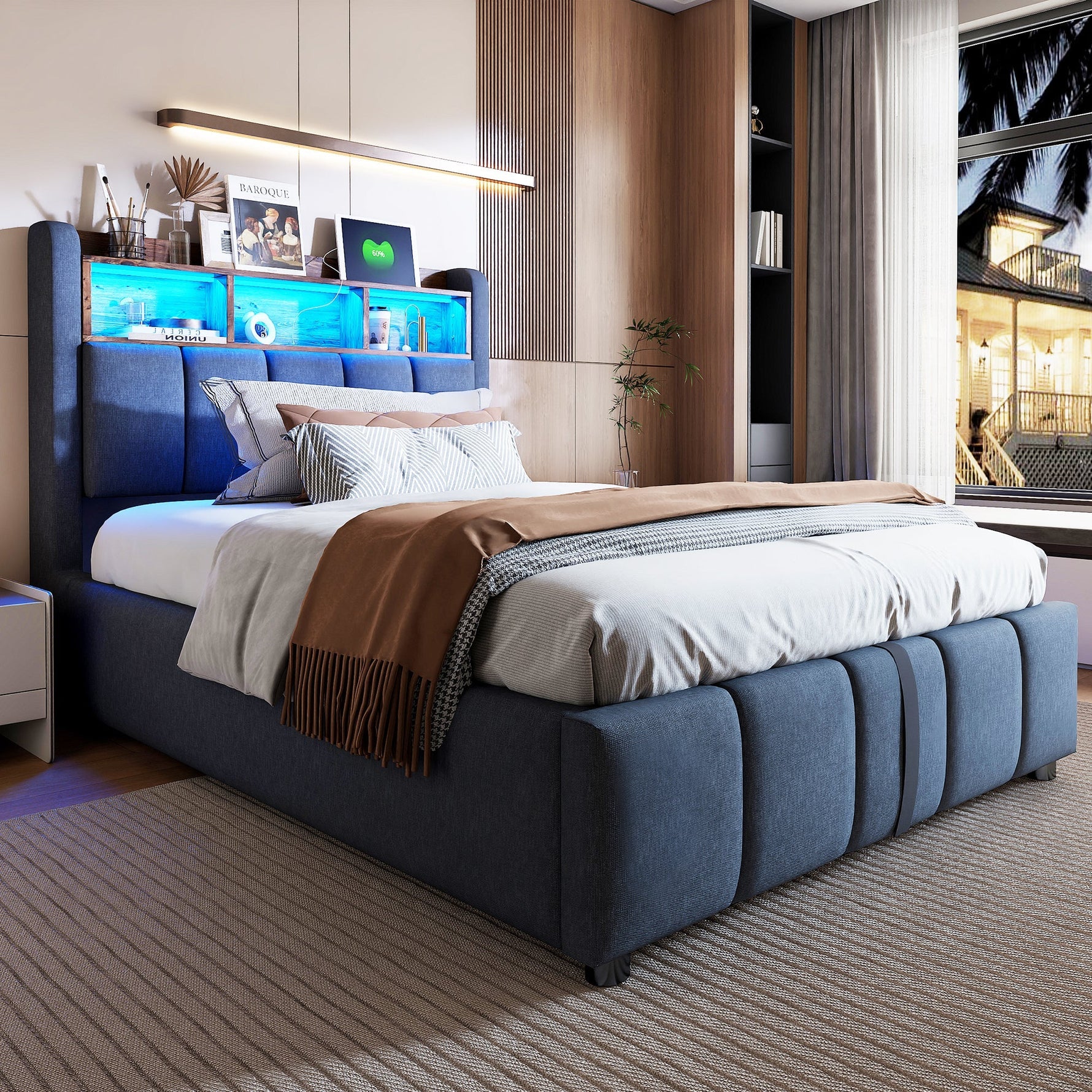 Upholstered Bed 90x200cm LED/USB Headboard Storage Hydraulic Single Linen Grey