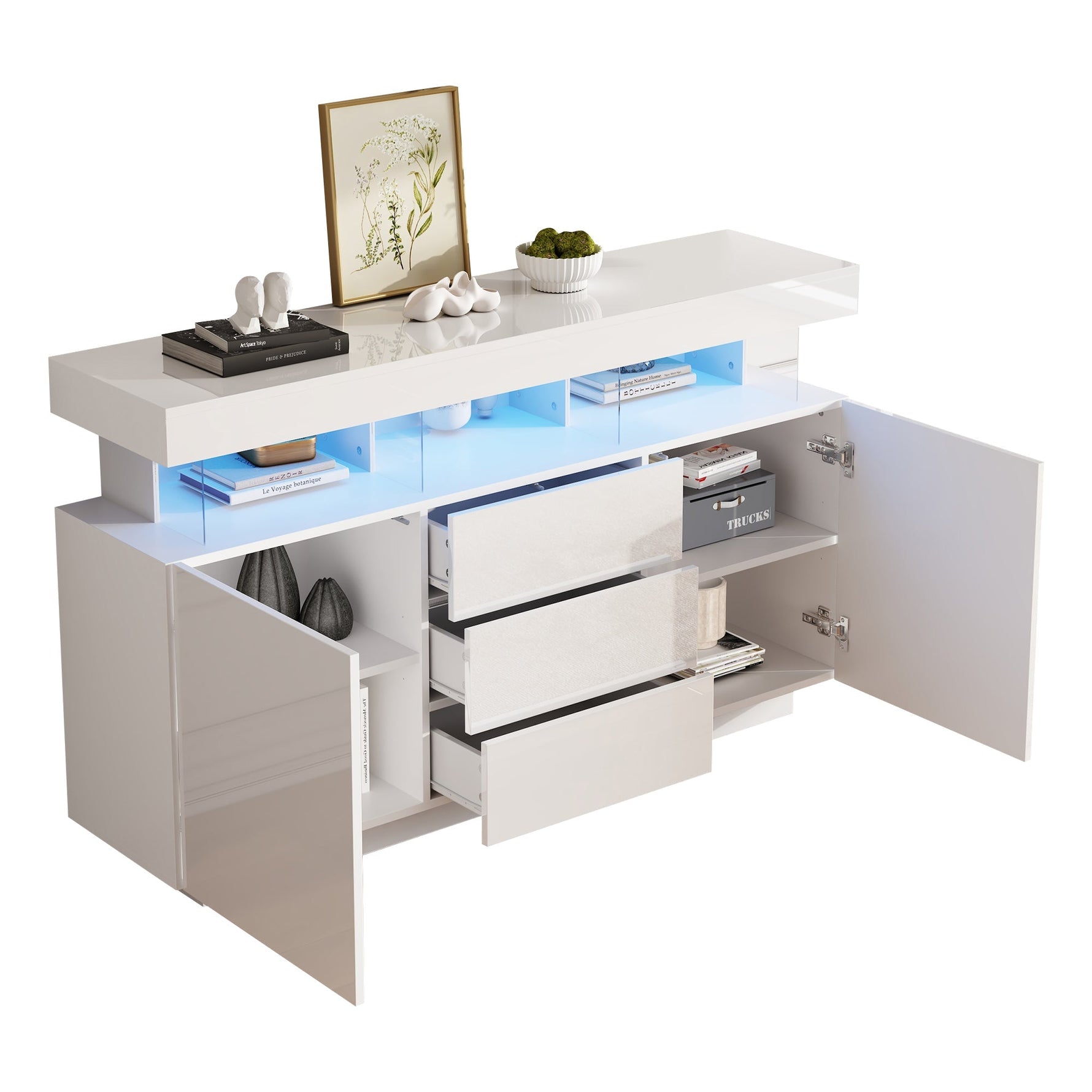 Modern Sideboard High-Gloss Coffee Bar LED Light Strip 140x35x80cm White Acrylic