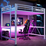 Gaming Metal Loft Bed Frame with LED Lighting, USB Charging Station and Desk, White