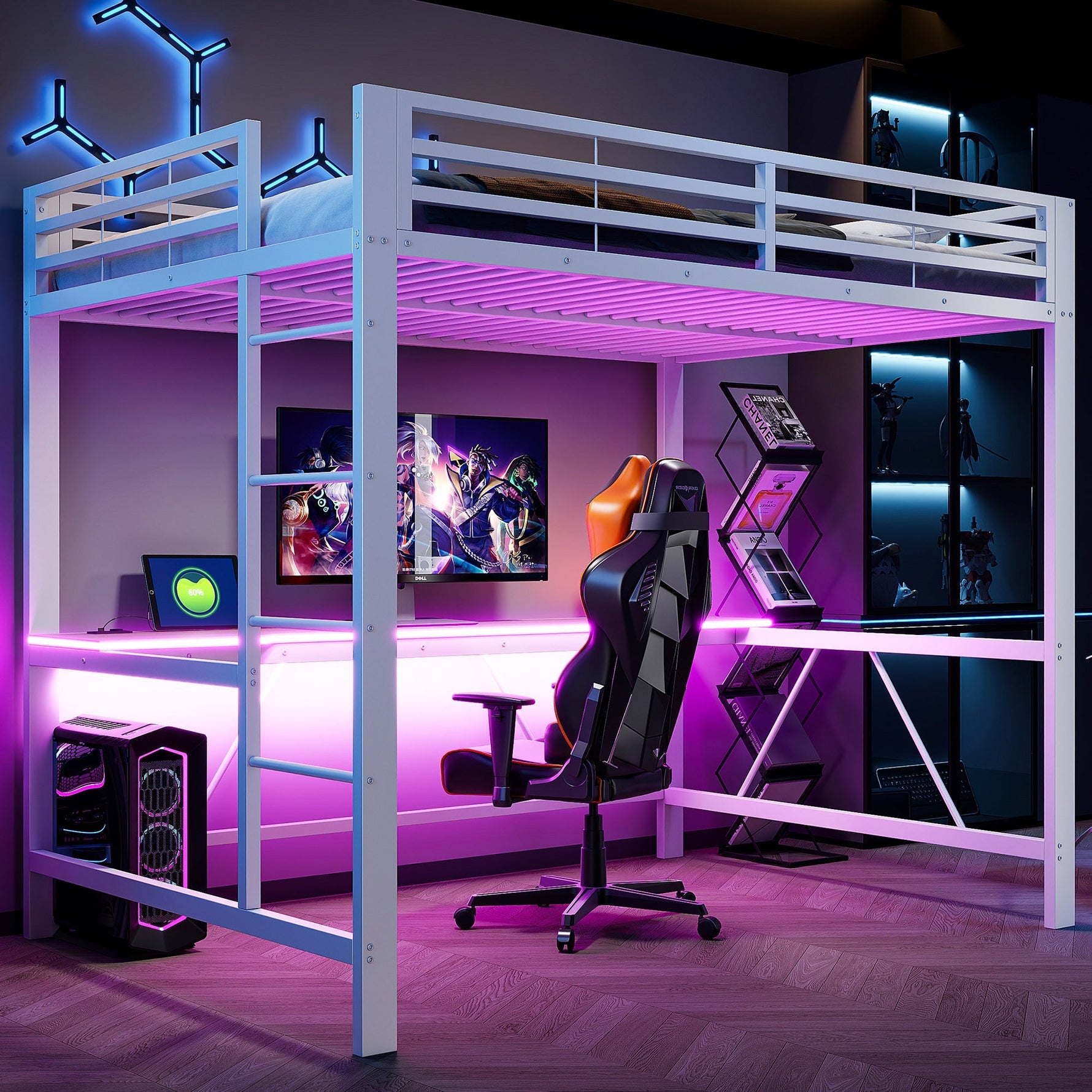 Gaming Metal Loft Bed Frame with LED Lighting, USB Charging Station and Desk, White