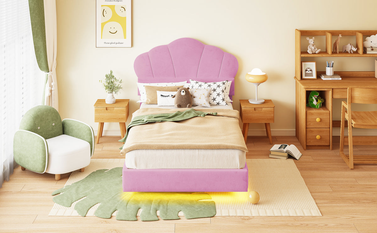 Upholstered Bed 90x200cm, Cloud Headboard & LED, Pink Velvet