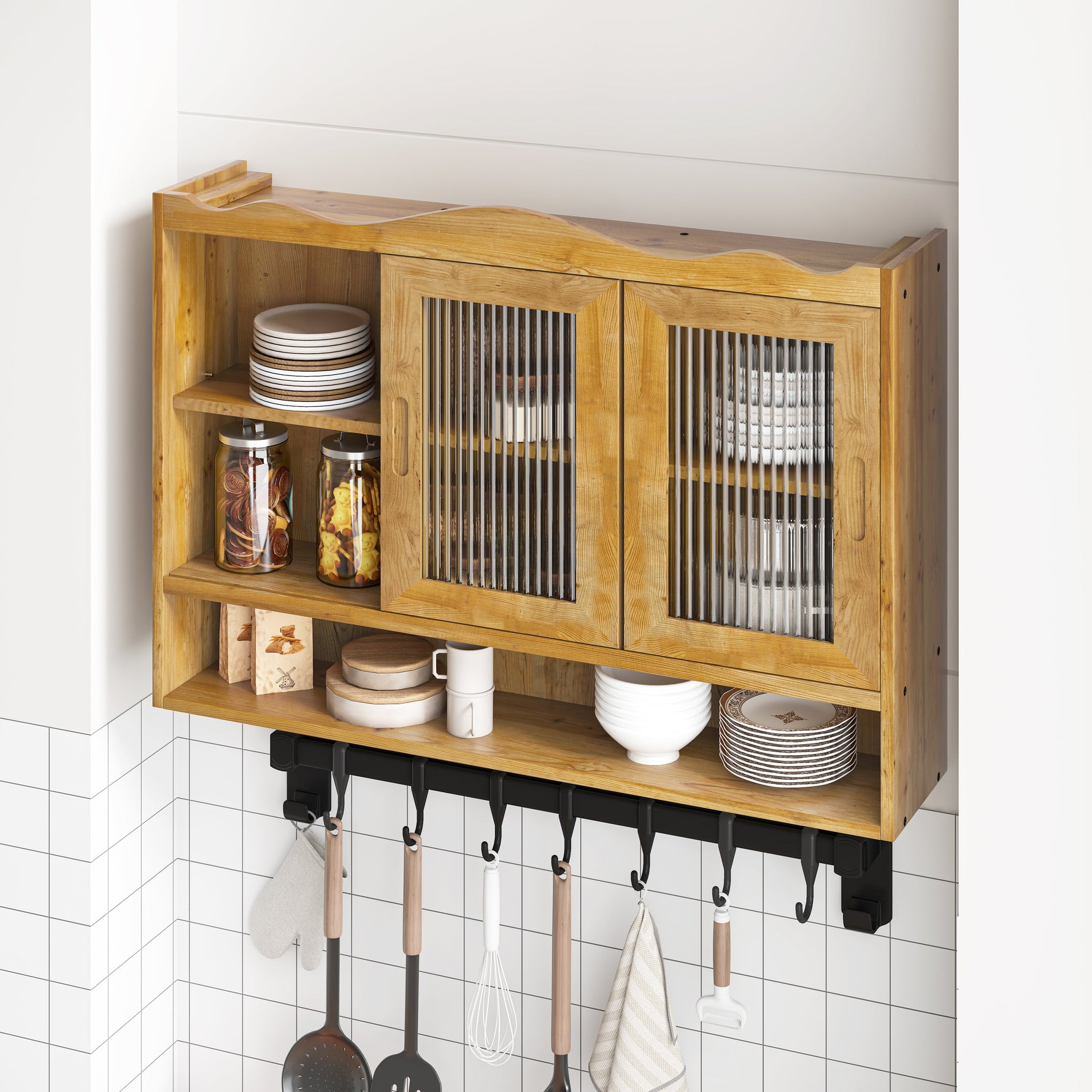 Retro 2 Door Sliding Cabinet 90CM Three Layers Storage Space, Natural Finish