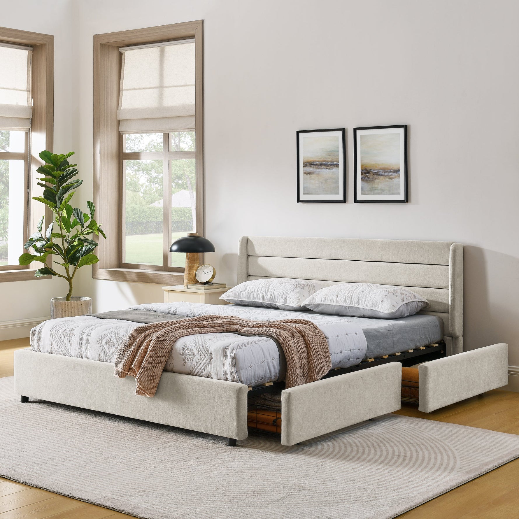Double Bed 160*200 cm with 4 Storage Drawers, Chenille Beige