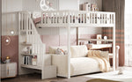 Children's Bunk Bed 140x200 Stairs Safety Railing, Solid Wood White