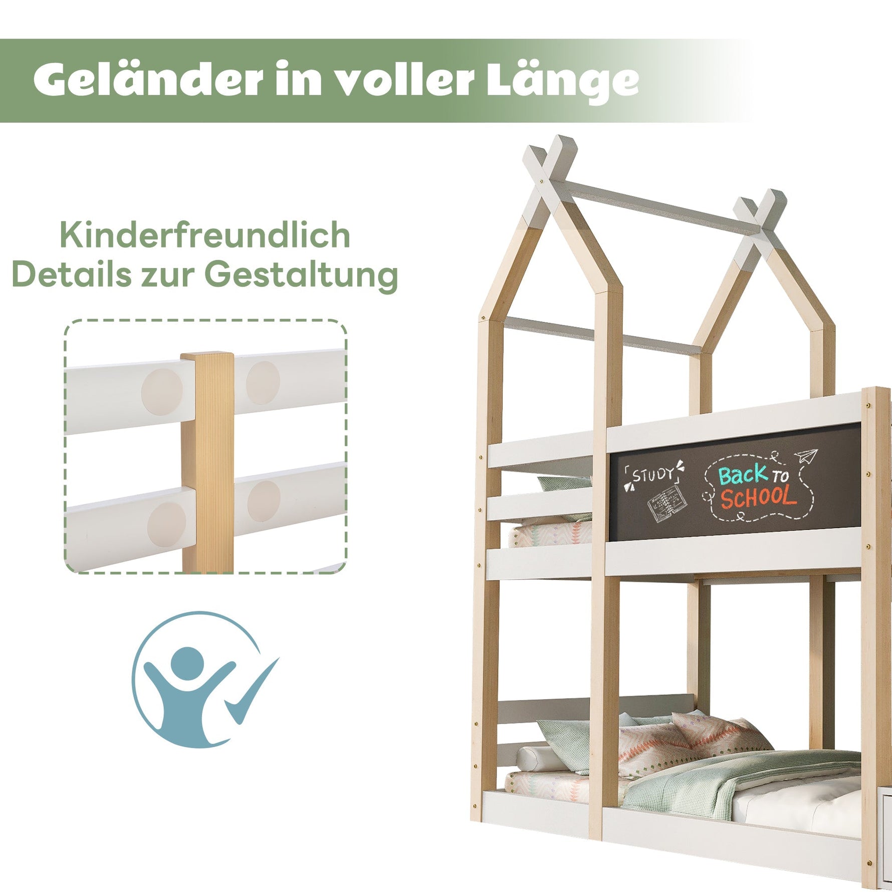 Bunk Bed 90x200, Treehouse Design with Blackboard, Storage, Fall Protection, Loft Bed for Kids, 2x Slatted Frames - Natural & White