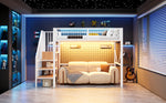 Loft Bed 90x200 cm with Ladder, Storage & LED Light, White Metal