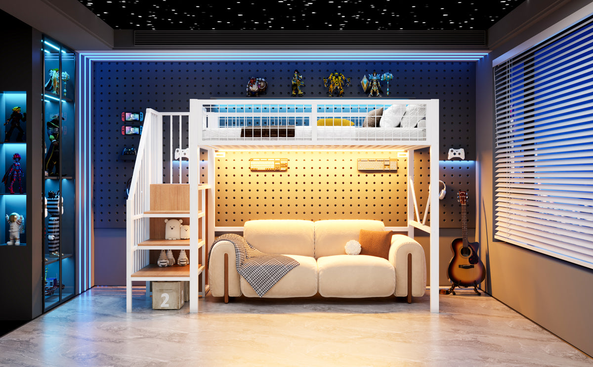 Loft Bed 90x200 cm with Ladder, Storage & LED Light, White Metal