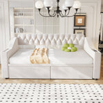 Upholstered Sofa Bed with USB Port, Storage Armrests and Drawer, Beige Velvet