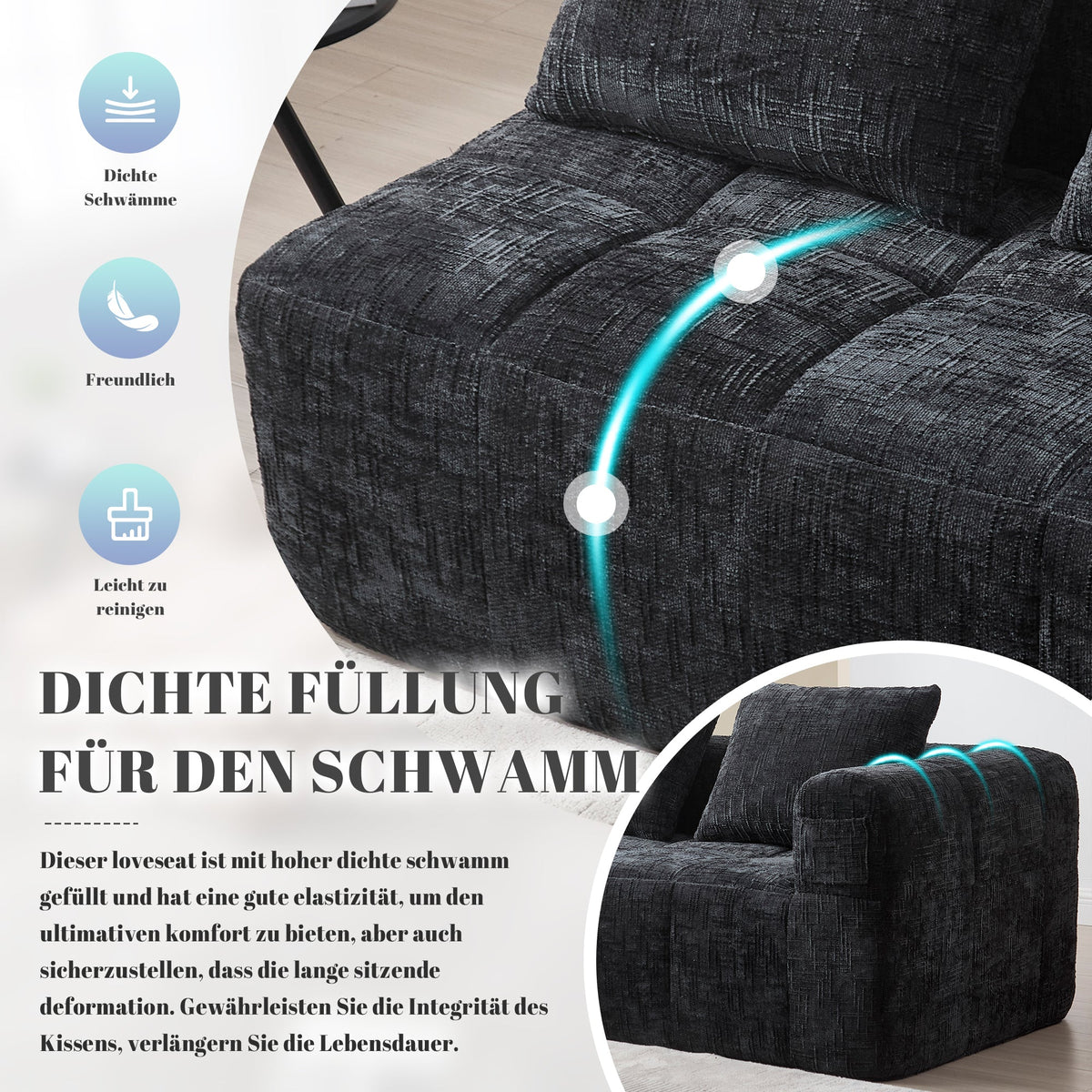 Sofa 2-Person Plush Cushion Side Pockets, No Assembly, Black