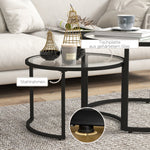 Coffee Table Set of 2, Stackable Side Tables, Black Steel & Tempered Glass