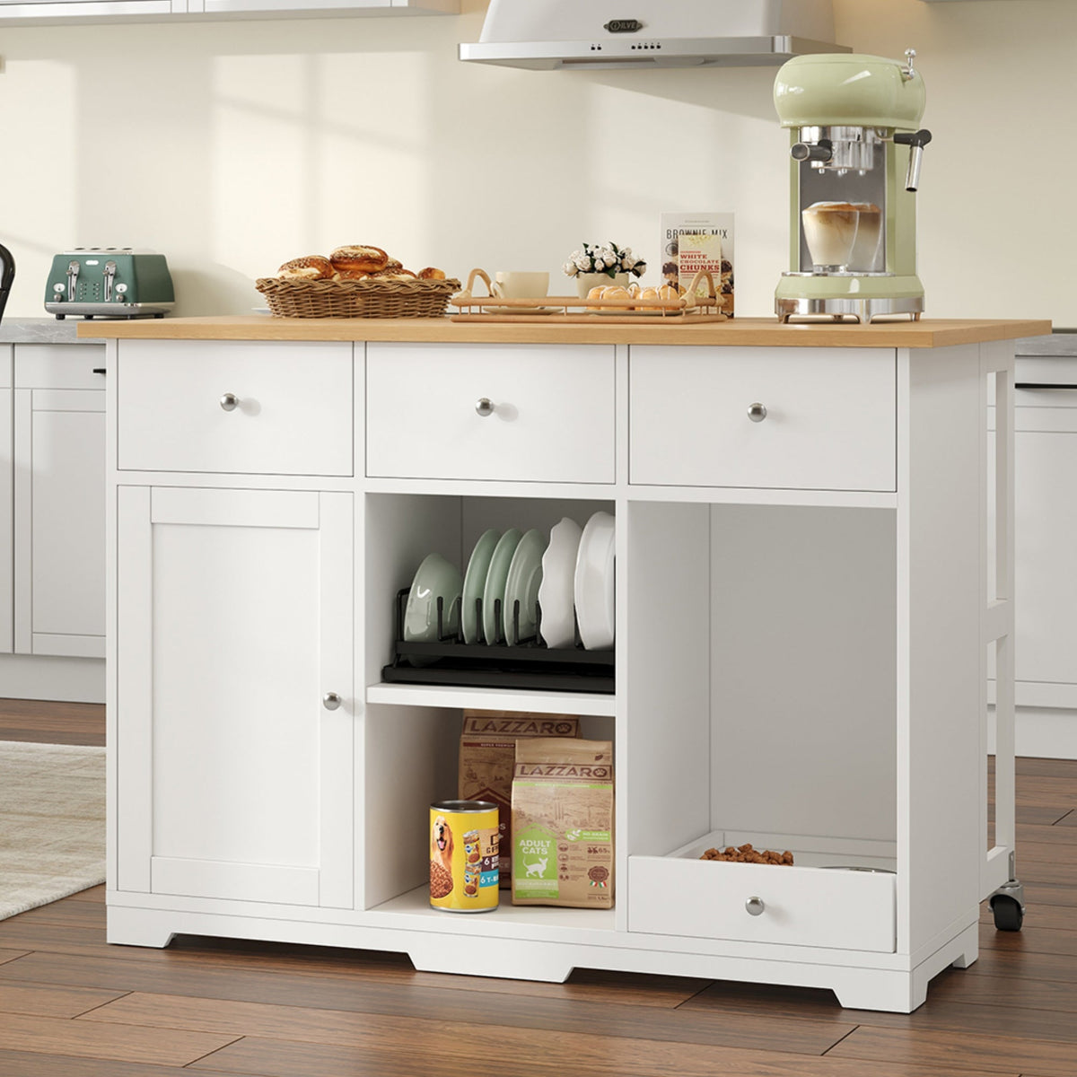 Kitchen Trolley, Mobile Serving Island Drawer Pet Food Area, White