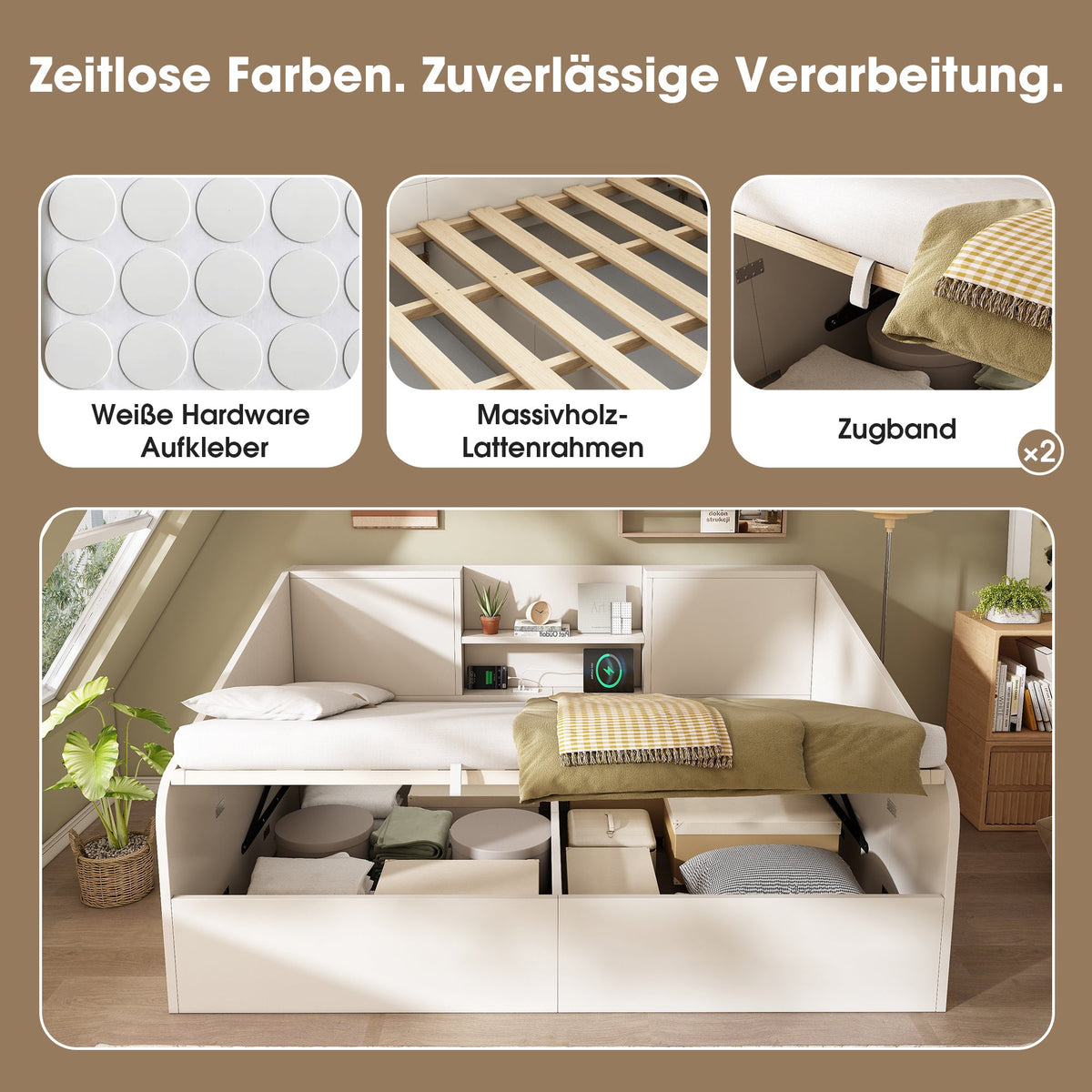 Hydraulic Daybed 140x190cm Double Bed Storage USB/Type-C Charging White Wood