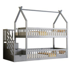 Bunk Bed, 90x200 Children's Single with Roof, Ladder & Storage Drawers, Solid Wood Gray