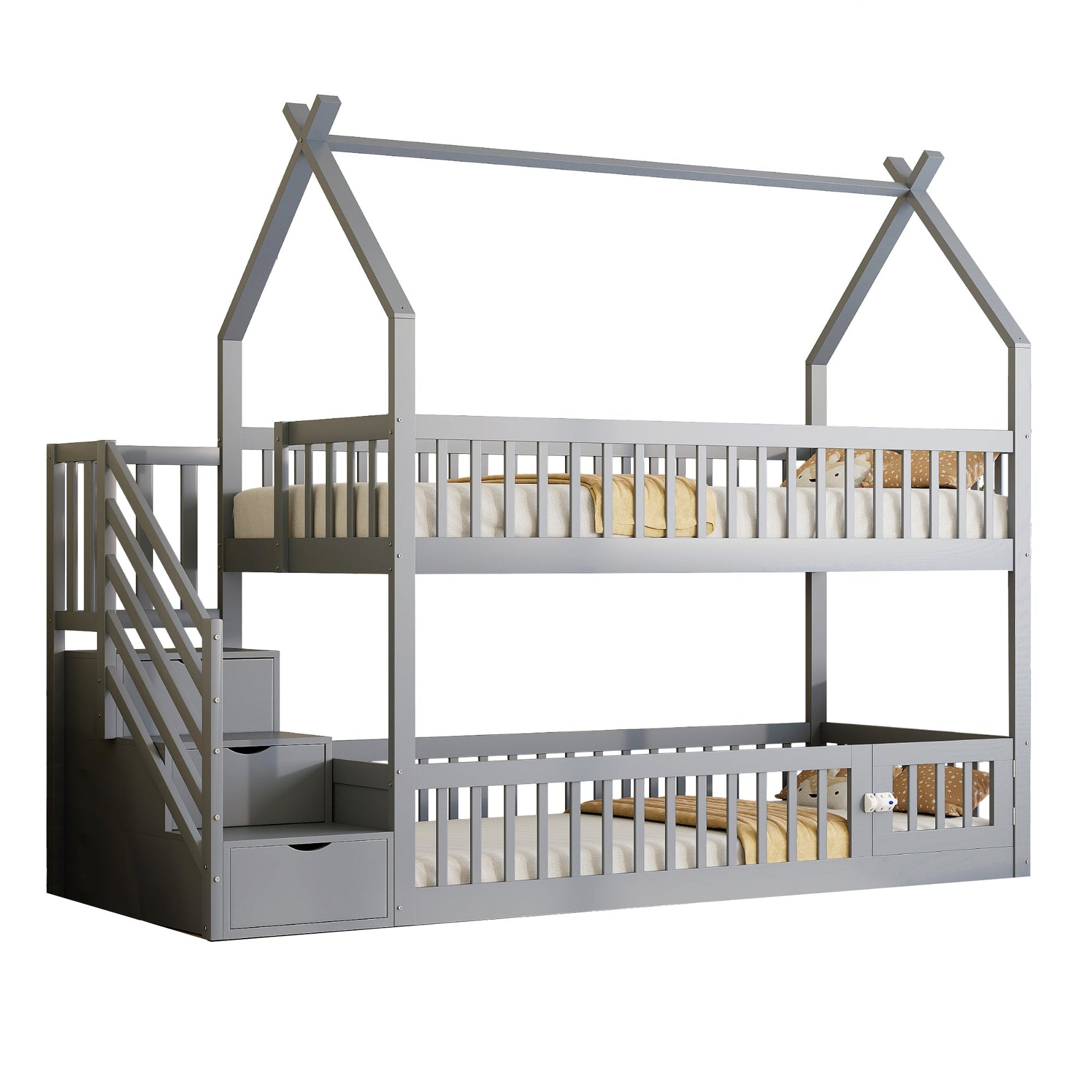 Bunk Bed, 90x200 Children's Single with Roof, Ladder & Storage Drawers, Solid Wood Gray