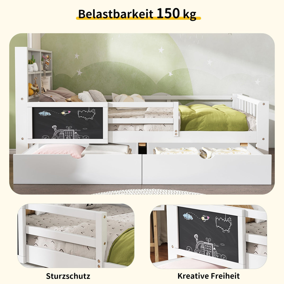 Multi-functional Children's Bed with Drawers and Chalkboard, 90x200cm, White