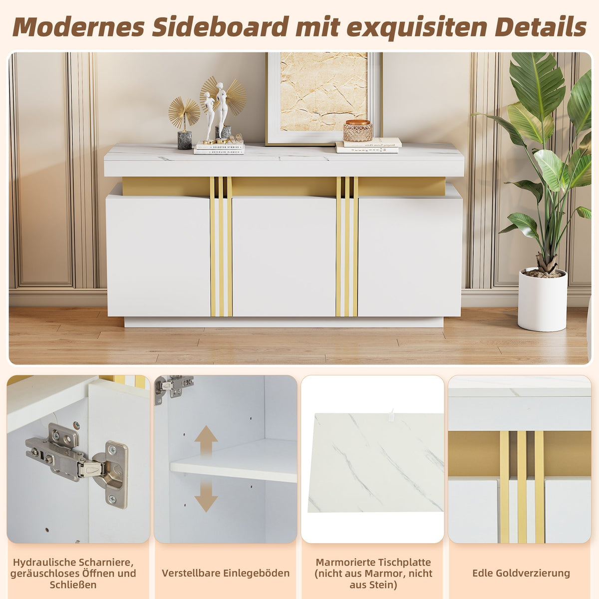 Sideboard Display, 3-Door Dining Room Cabinet with Adjustable Dividers, Modern White