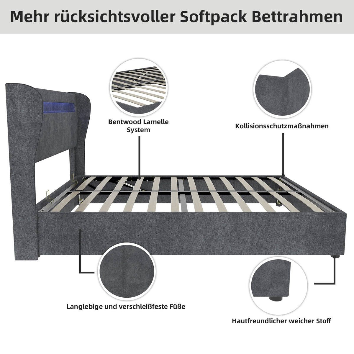 Modern Minimalist Upholstered Bed, LED Headboard, 140x200cm, Grey
