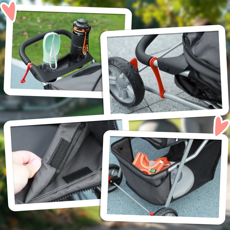Dog Stroller Buggy, Foldable Mesh Windows Cup Holder, Dark Grey