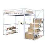 Metal Loft Bed 140x200 Storage Ladder Shelves Table, White