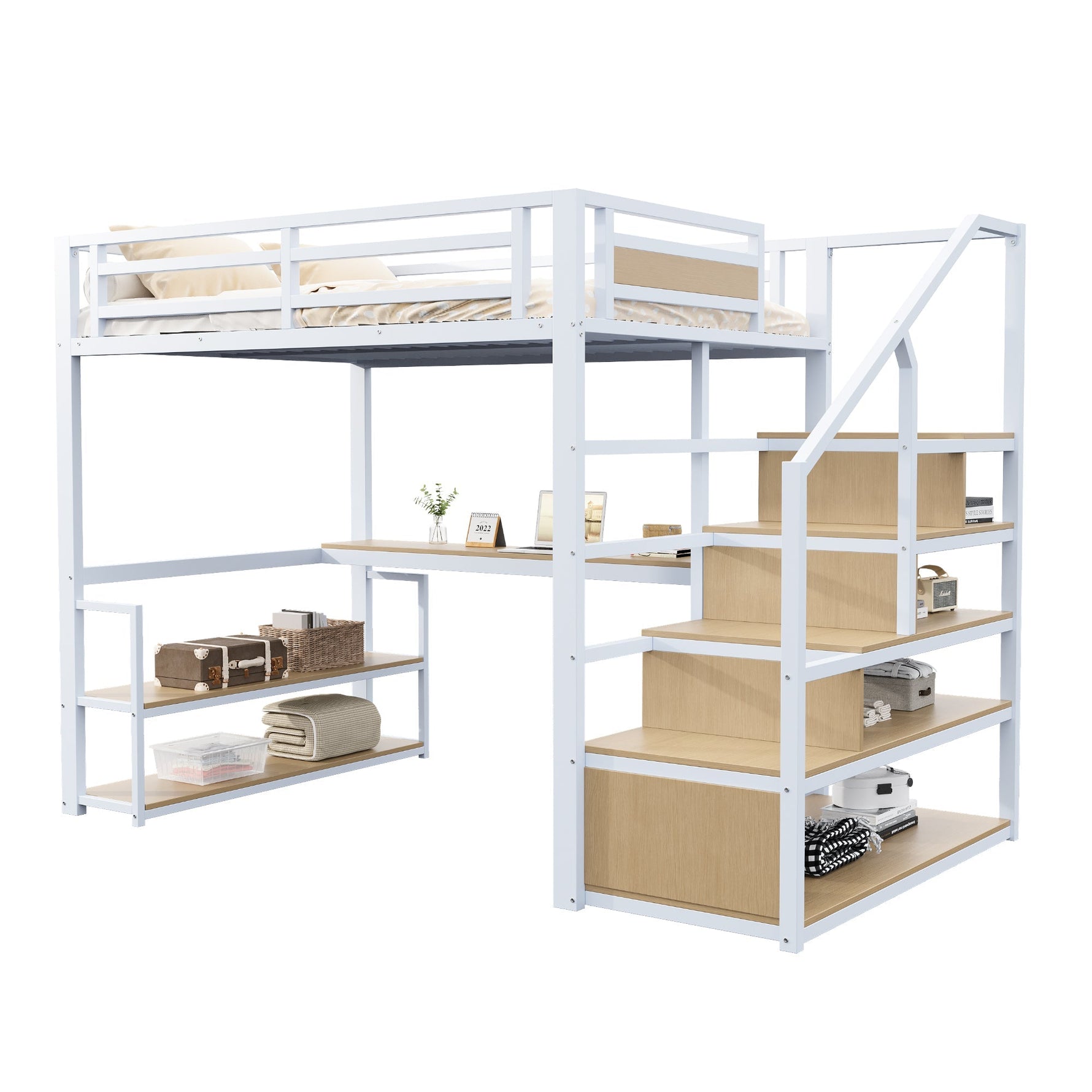 Metal Loft Bed 140x200 Storage Ladder Shelves Table, White