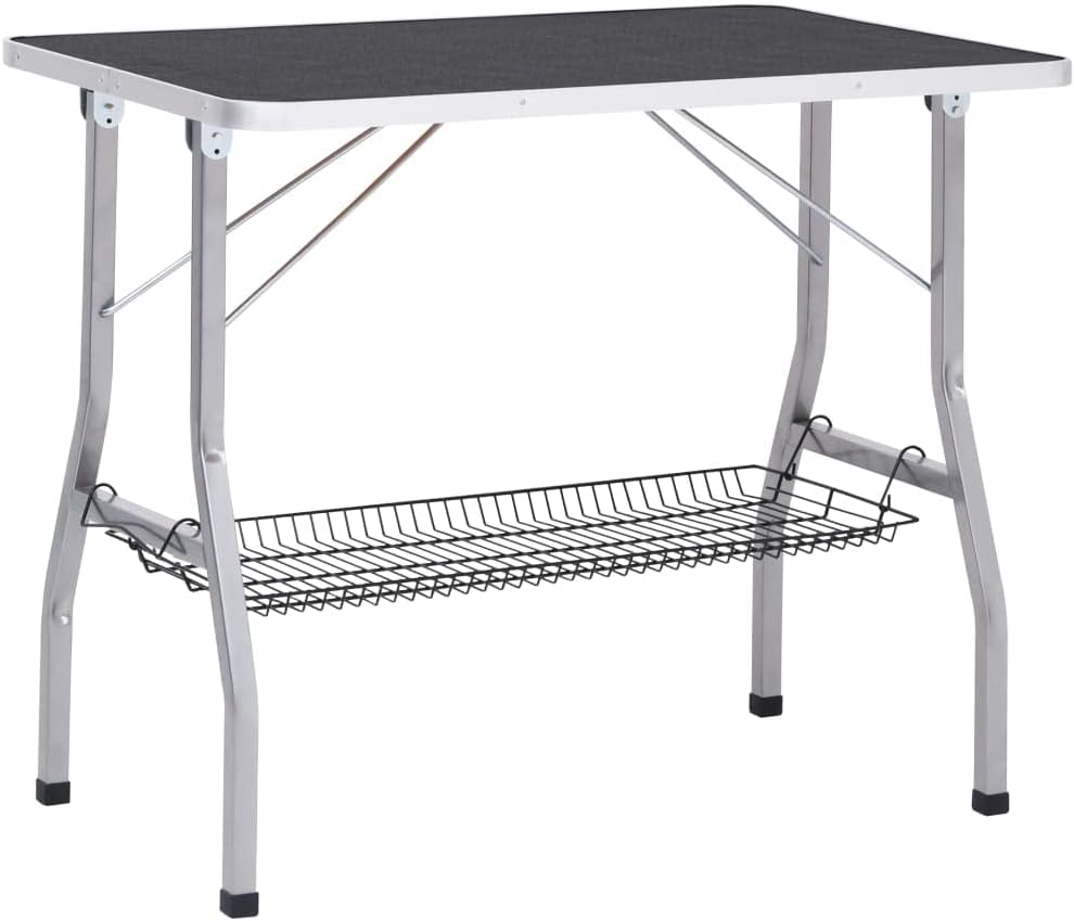 Collapsible Pet Grooming Table, Adjustable Arm & Storage, Steel Legs