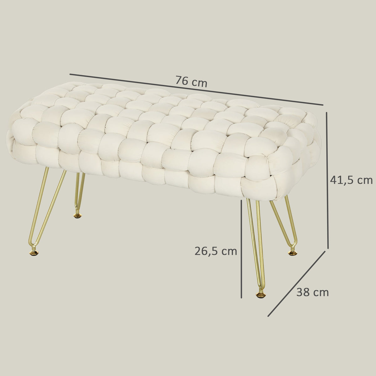 Footstool with Padded Seat, Metal Legs, Cream White Velvet