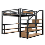 Metal Loft Bed 140x200cm, Storage Ladder, Shelves, Table, Safety Fence, Black