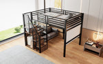 Loft Bed 140x200cm with Safety Ladder Iron Frame Storage Area - Black
