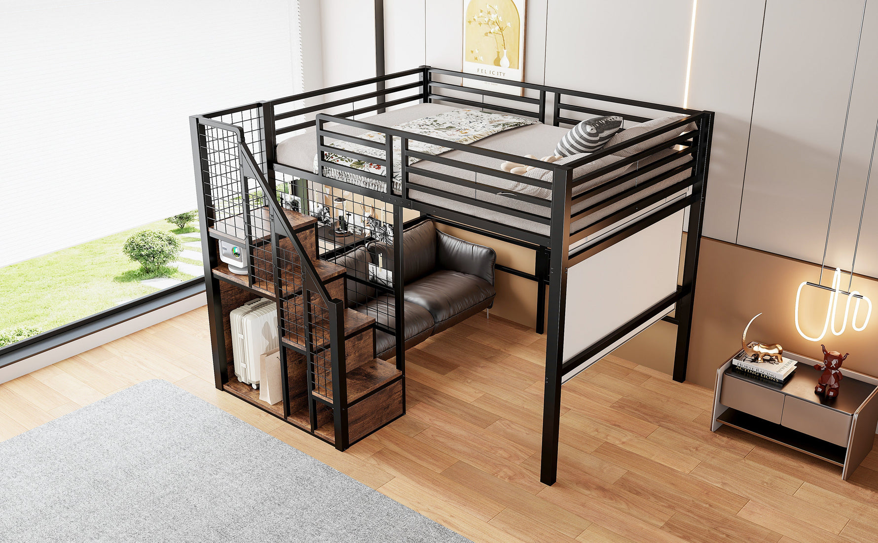 Loft Bed 140x200cm with Safety Ladder Iron Frame Storage Area - Black