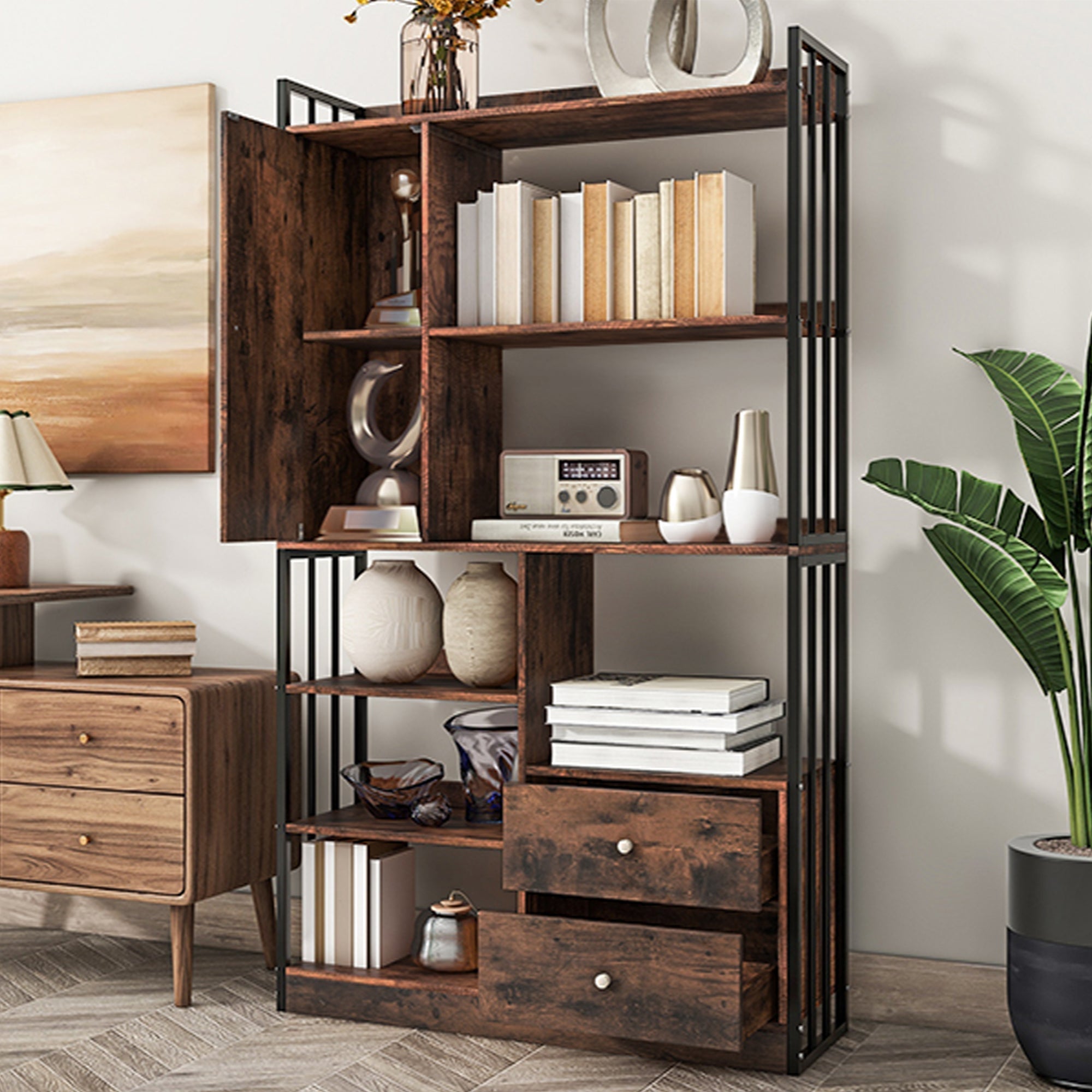Bookcase, 6-Shelf Industrial Bookcase with Doors & Drawers, Floor to Ceiling, Antique Brown Steel