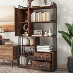 Bookcase, 6-Shelf Industrial Bookcase with Doors & Drawers, Floor to Ceiling, Antique Brown Steel