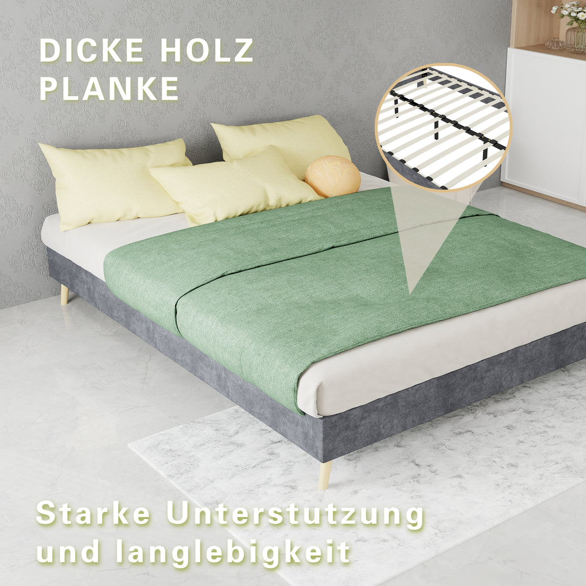 Modern Minimalist Bed Frame, 140x200cm with Mattress, Gray Velvet