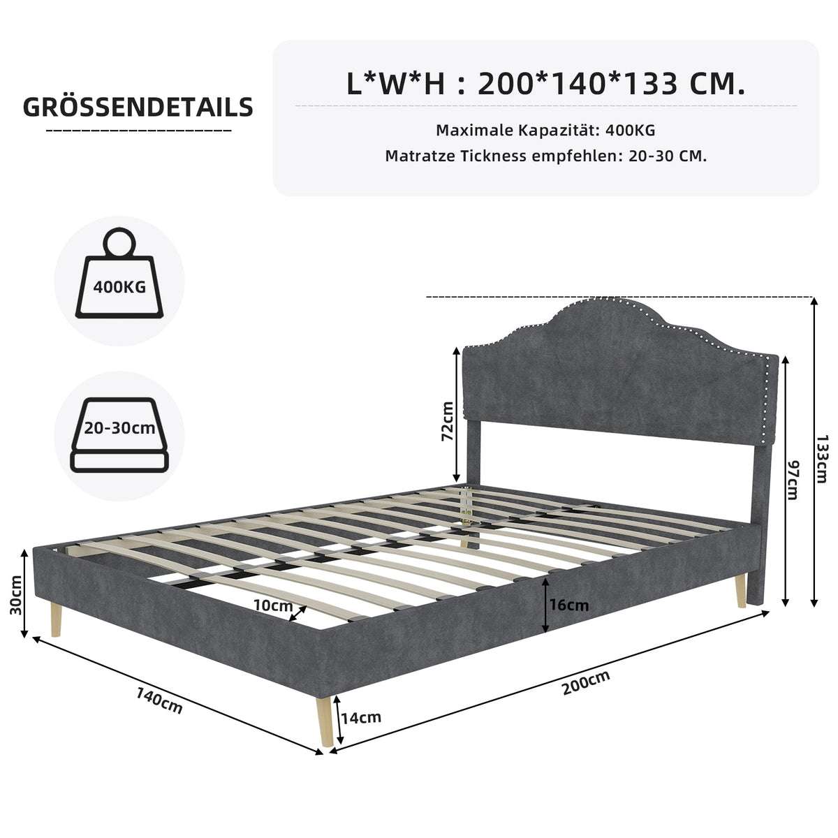 Soft Bed, Minimalist Headboard Multifunctional Low Box Frame, Gray