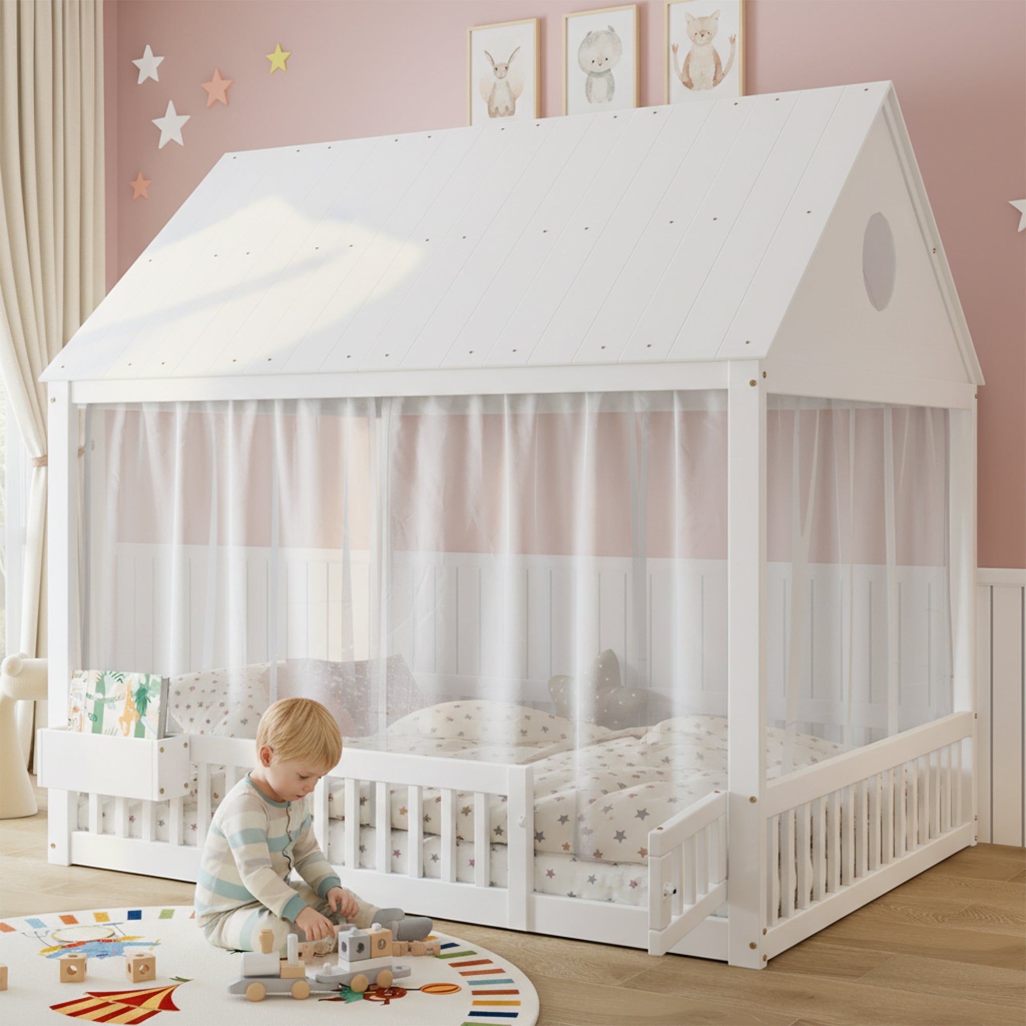 Children's Single Bed with Roof, Window, Curtains and Storage, 140x200cm, White Pine + MDF