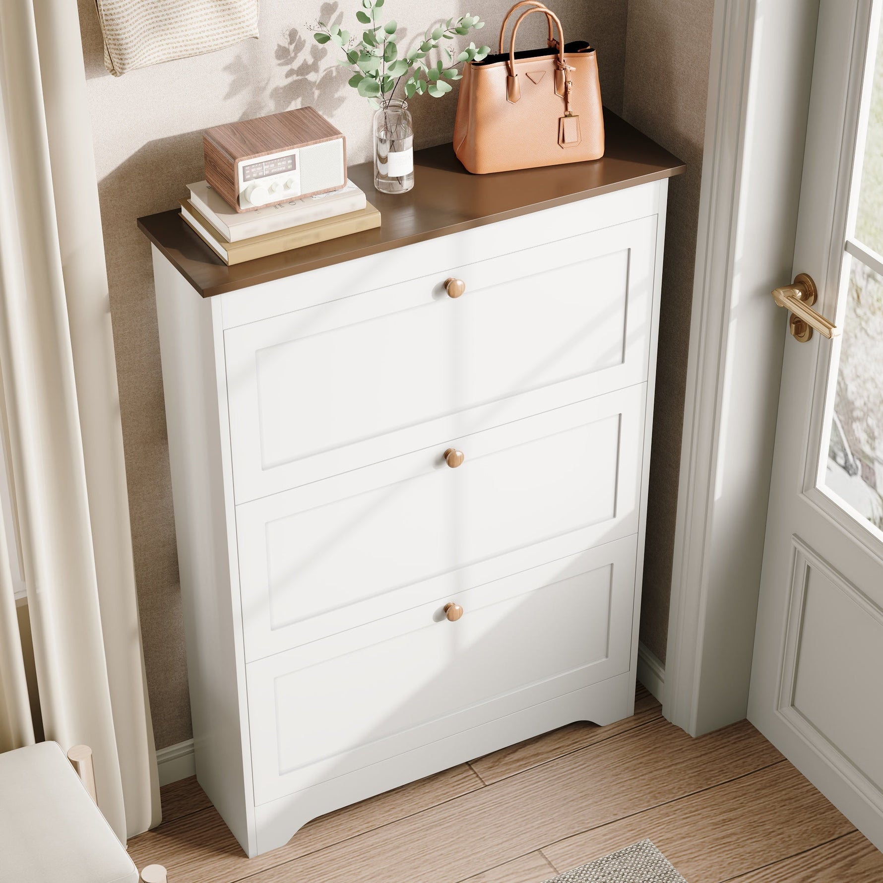 Shoe Cabinet with 3 Doors and Large Capacity, White Wood Look